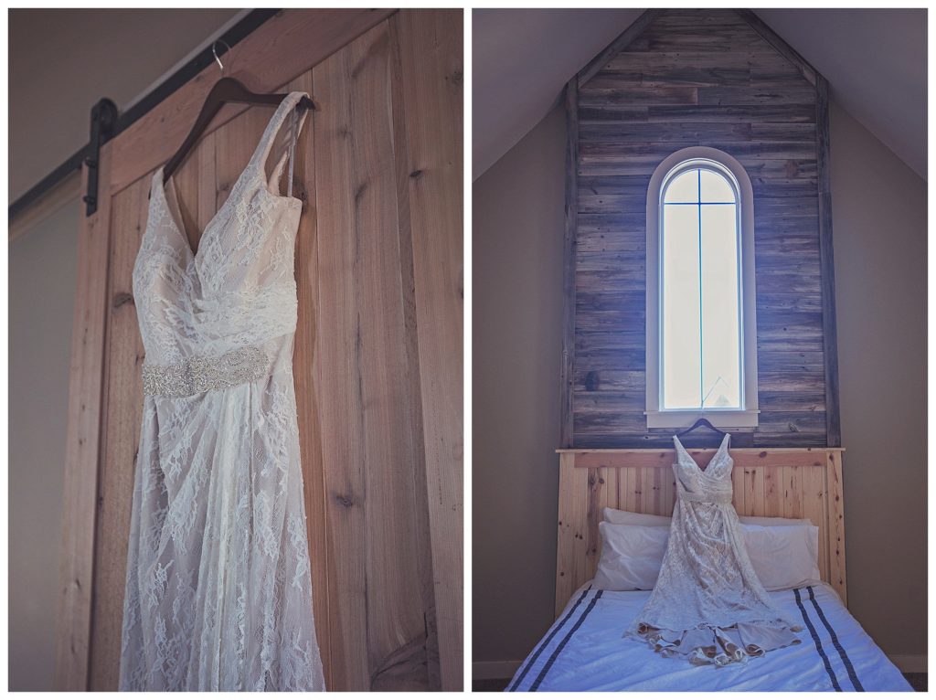bridal gown details on barn door