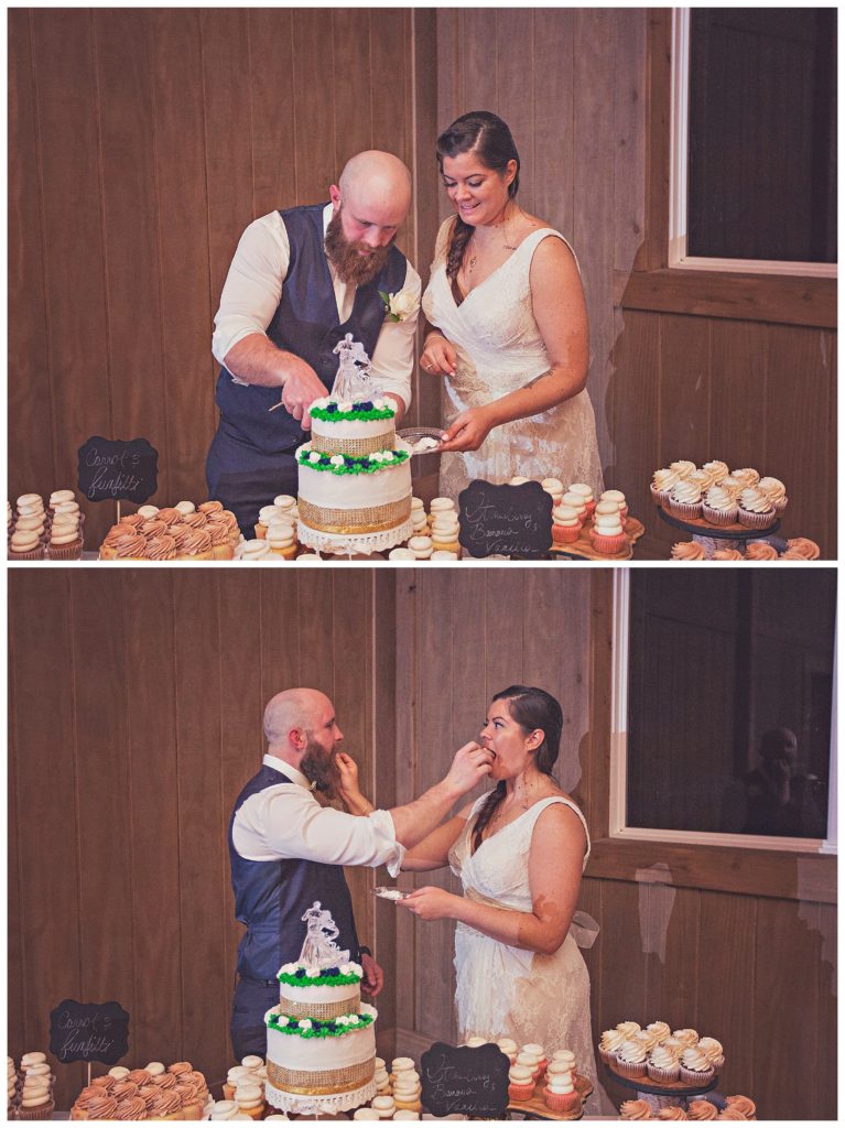 bride and groom cutting their wedding cake