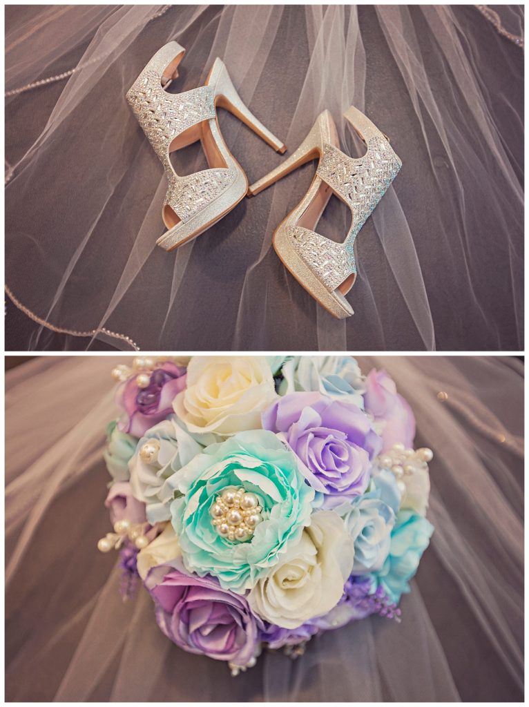 detail of bridal shoes and bouquet
