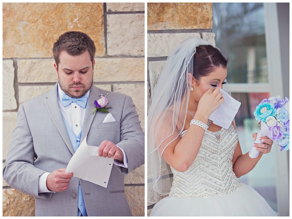bride and groom reading letters
