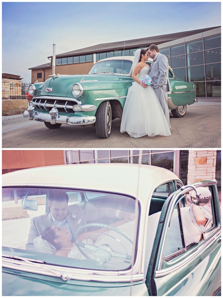 bride and groom with vintage car