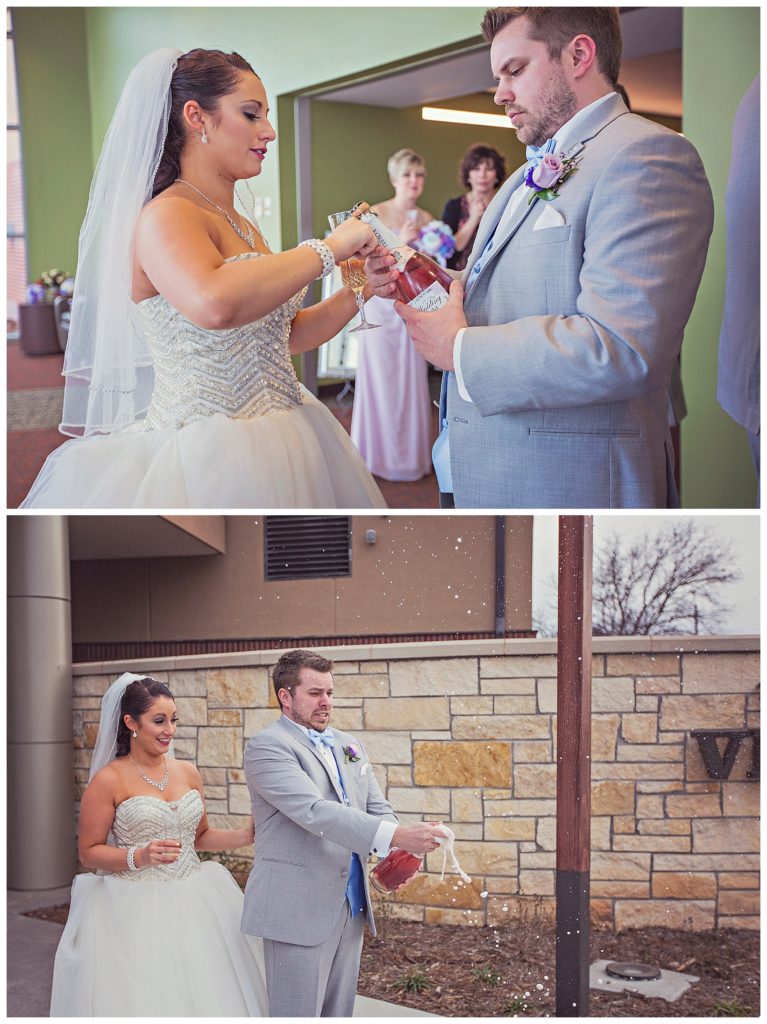 bride and groom opening their champaign