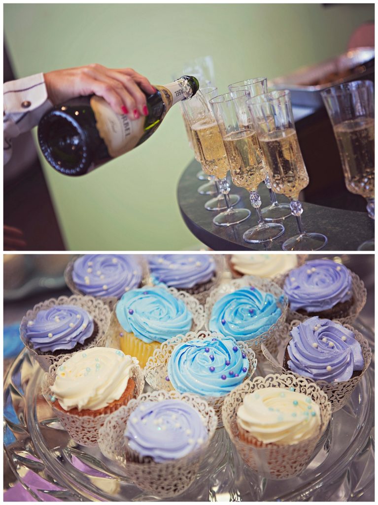 poring champaign with purple and blue cupcakes
