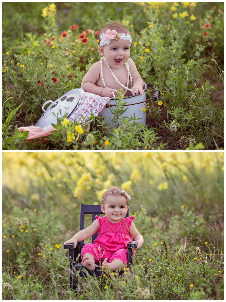 six month old girl in bucket surrounded by flowers