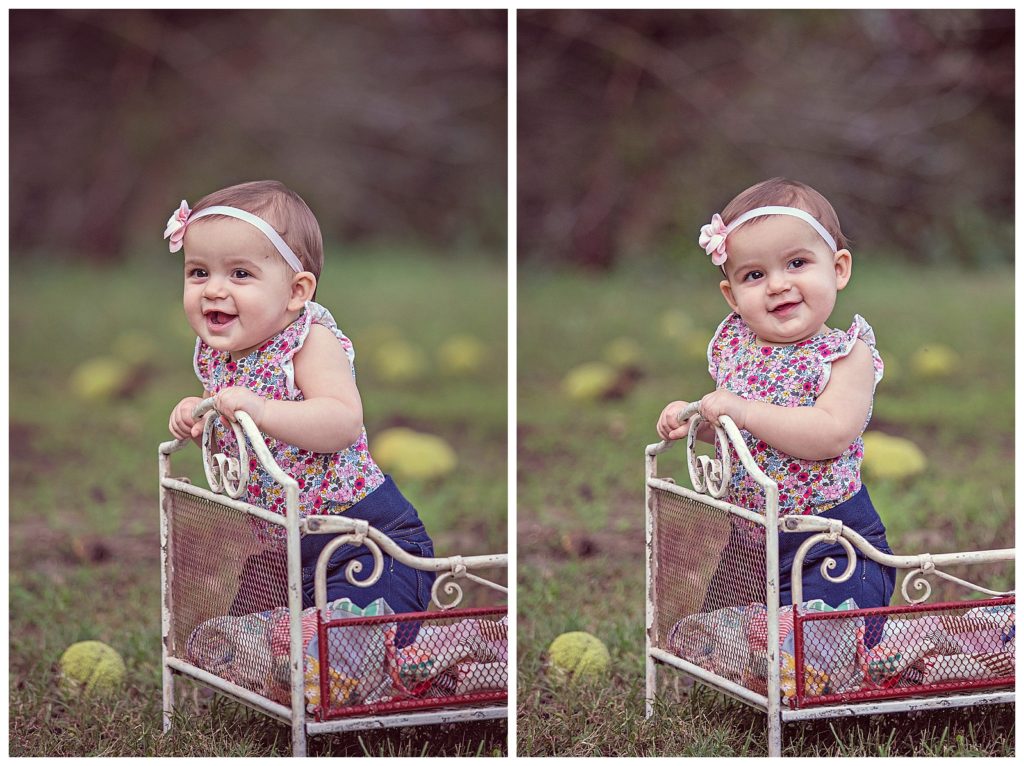 nine month girl on vintage bed outdoors