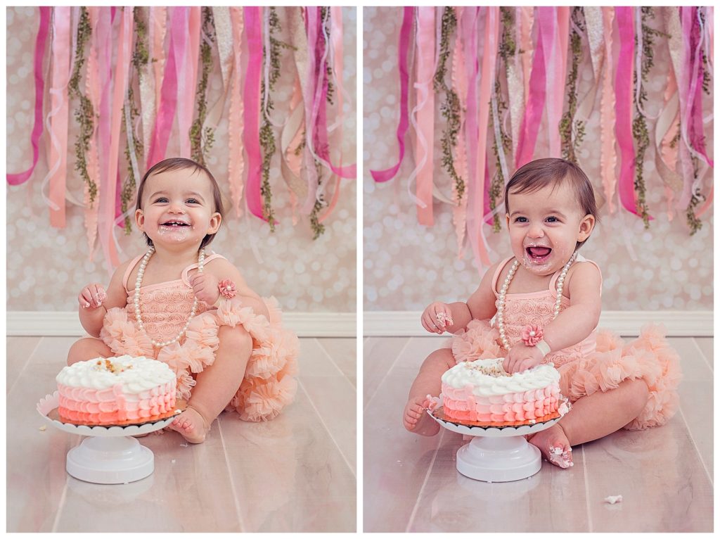 one year girl smash cake with peach and pink