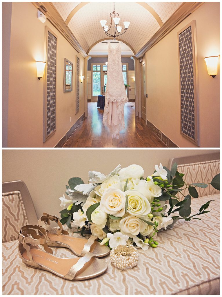 wedding dress hanging with details