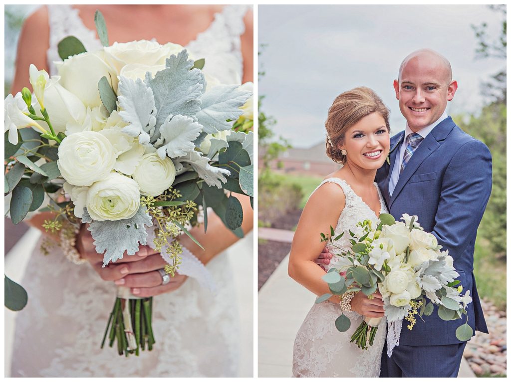 bride and groom with close up of flowers
