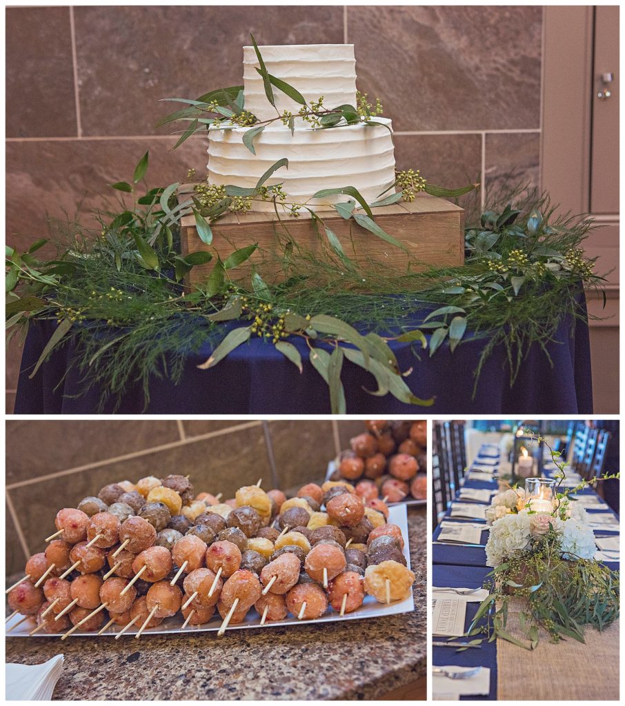 wedding cake and donut holes at wedding reception
