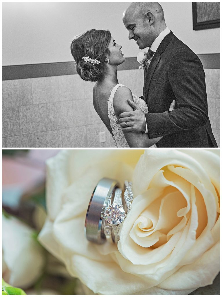 detail of rings with bride and groom