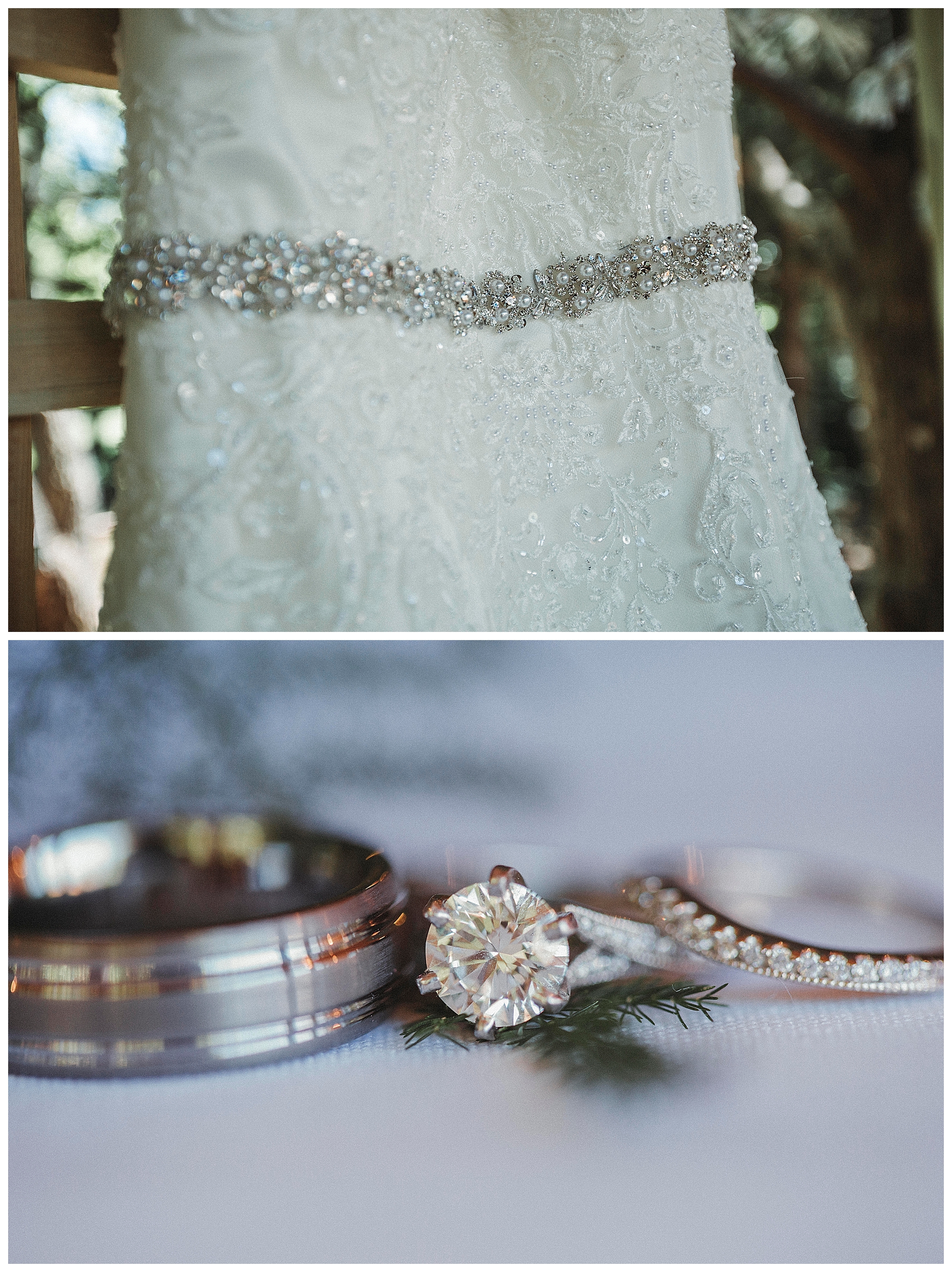 wedding gown and close up of rings