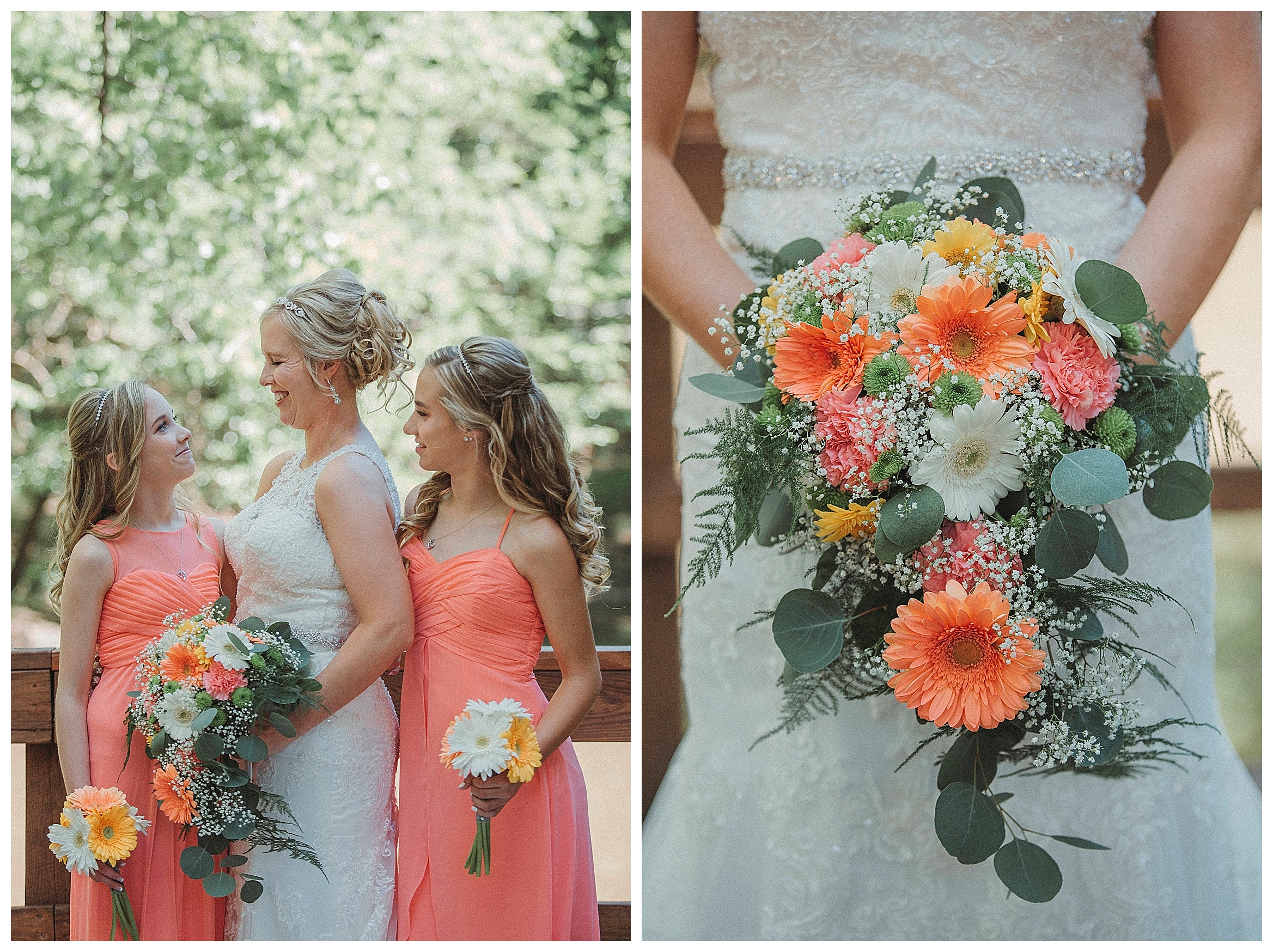 bride with her daughters and close up of flowers