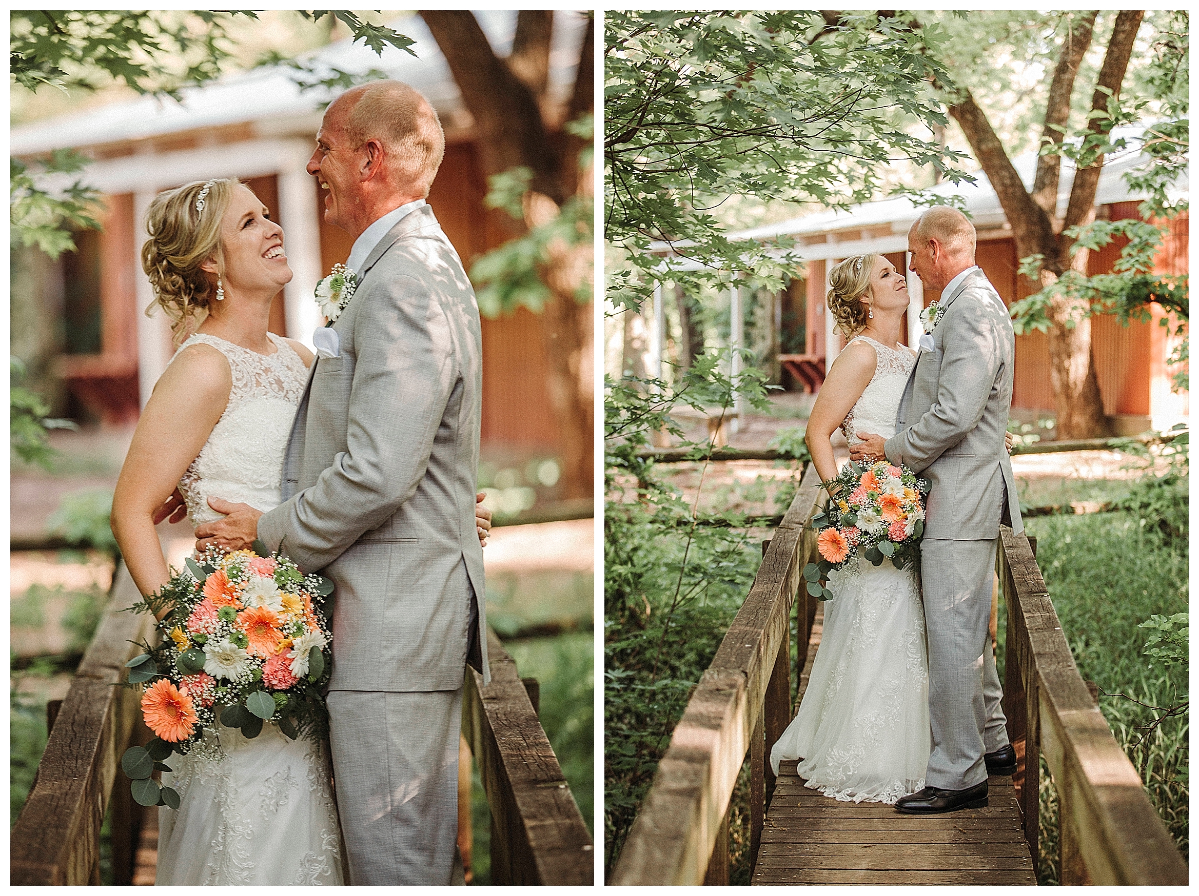 bride and groom on bridge