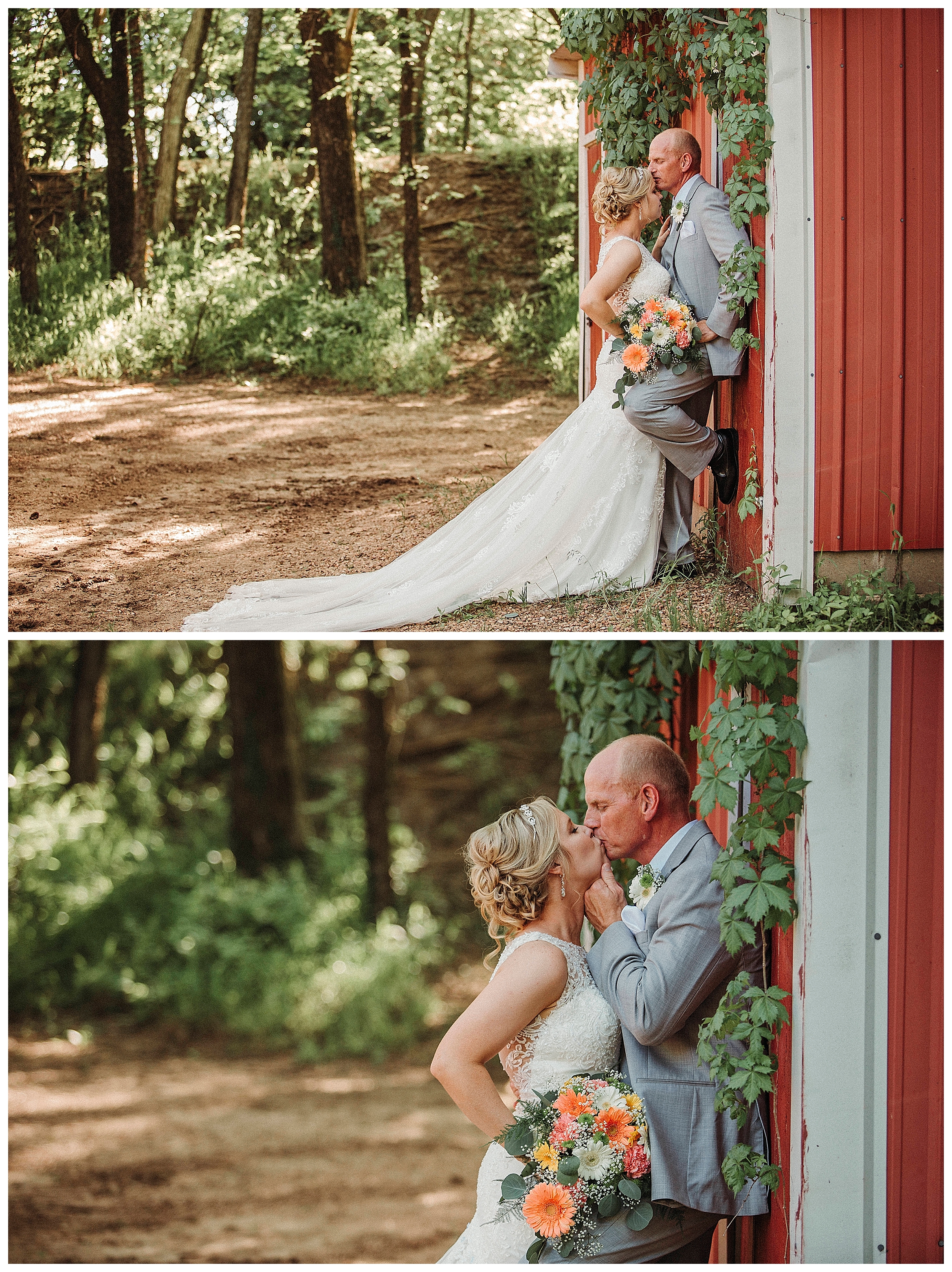bride and groom against a barn