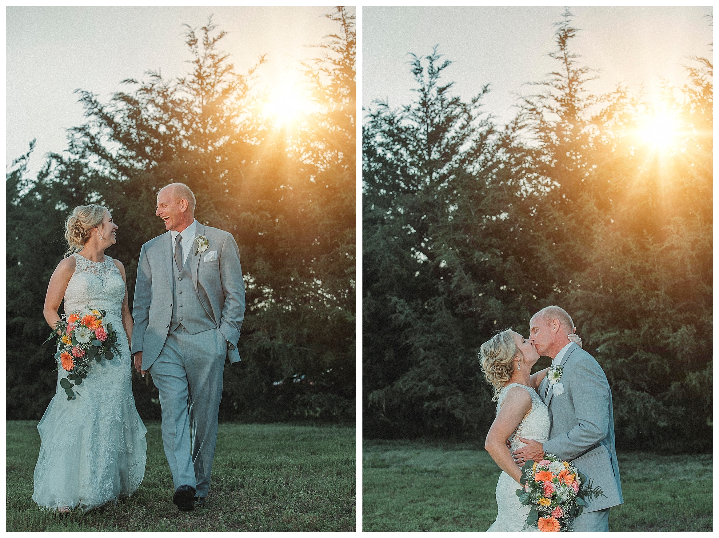 bride and groom kissing at sunset
