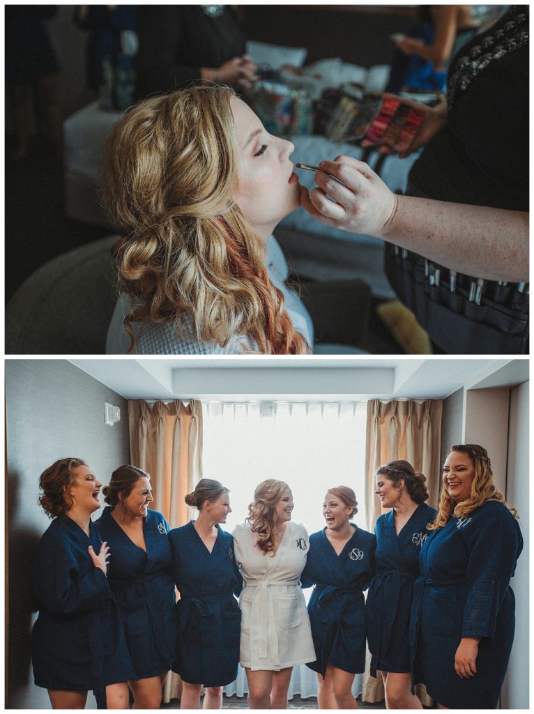 bride and her bridesmaids getting ready