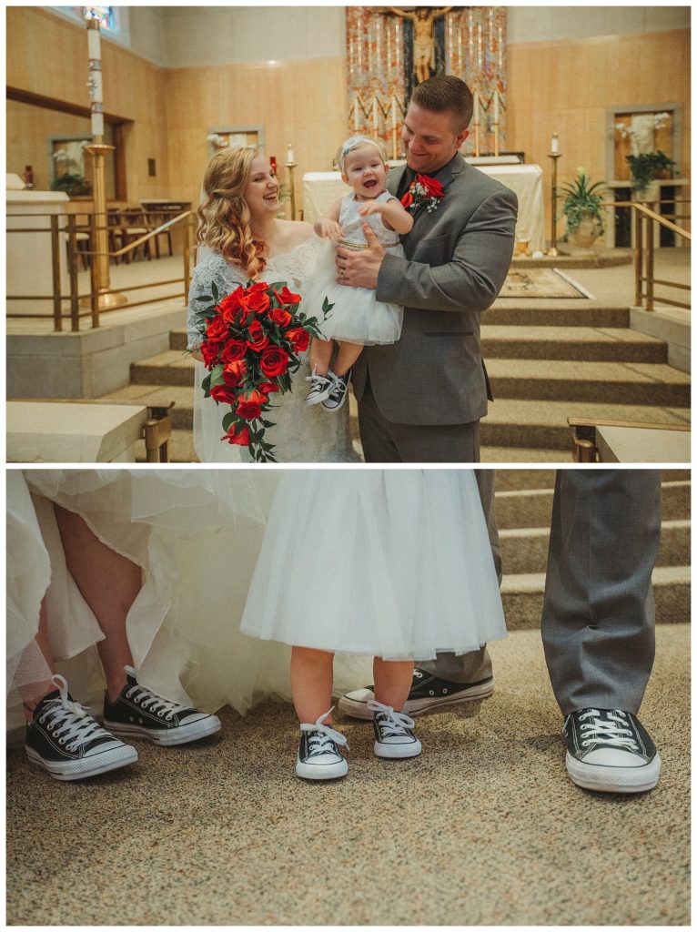 bride and groom with their daughter