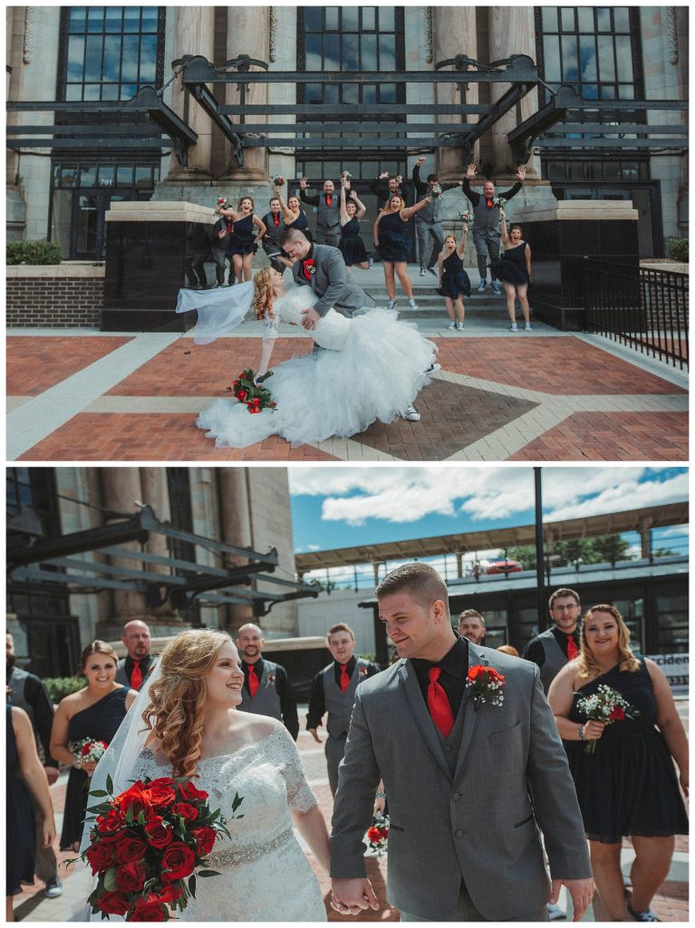 fun jumping picture with the bridal party