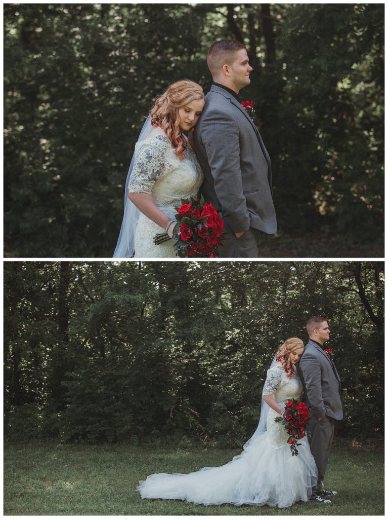 bride hugging her groom from behind