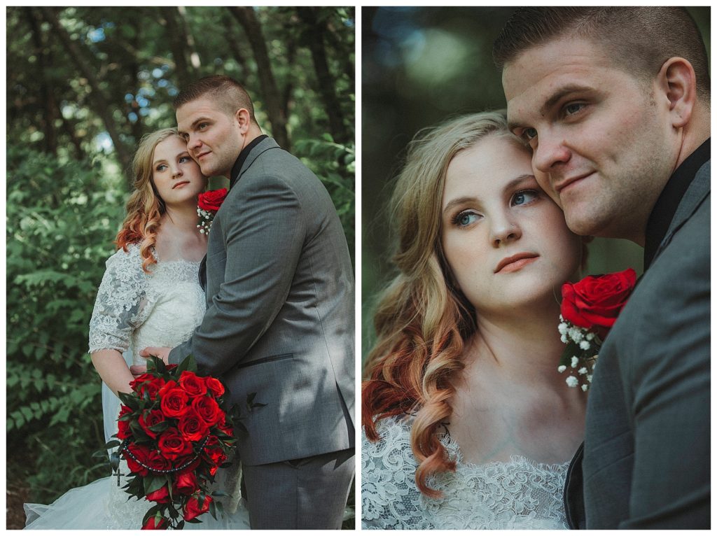 close up of bride and groom looking away