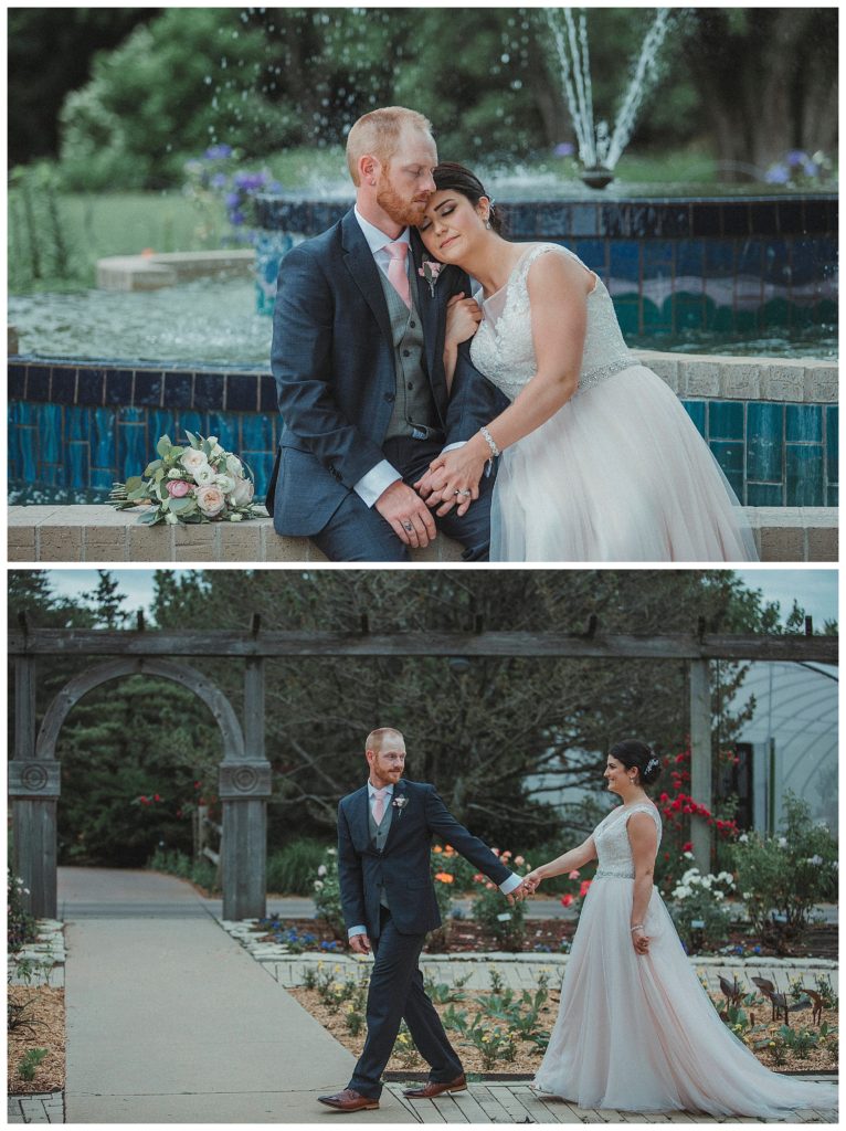 bride and groom sitting by a fountain