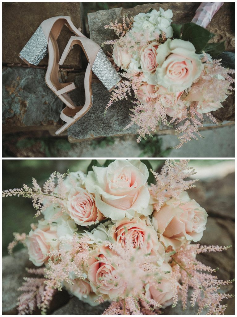 details of the brides flowers and shoes