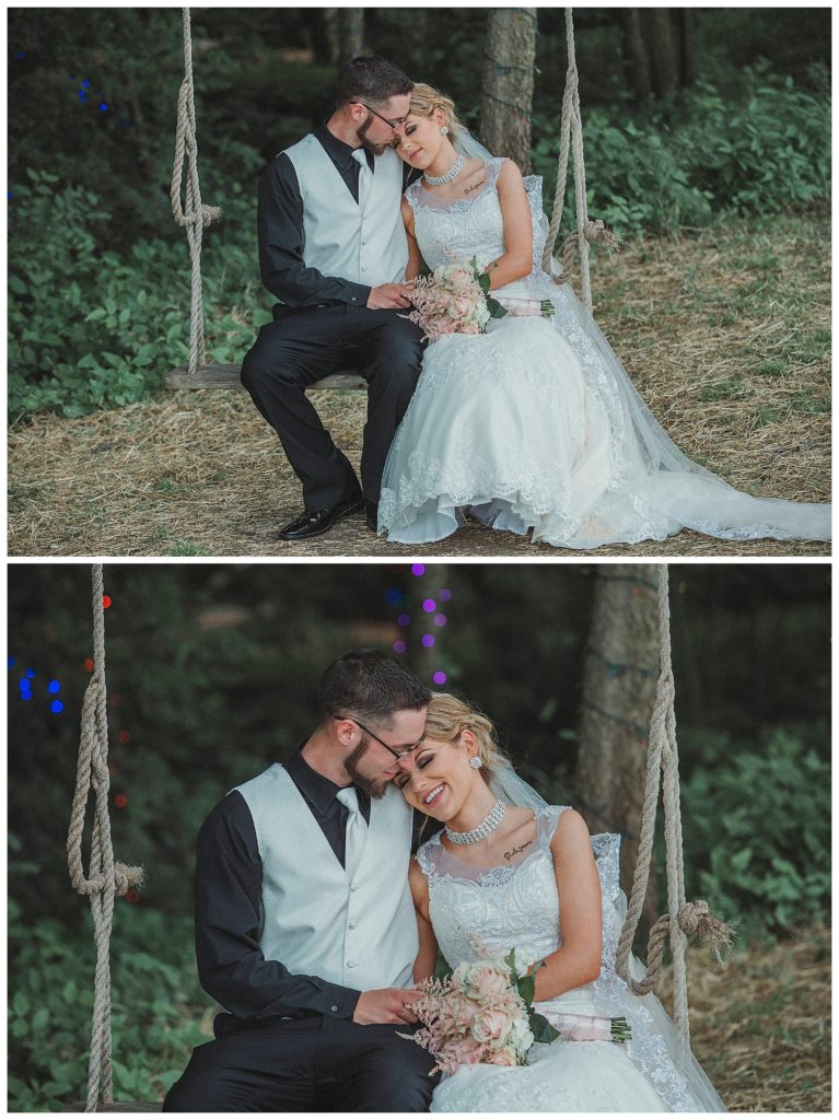 bride and groom on tree swing