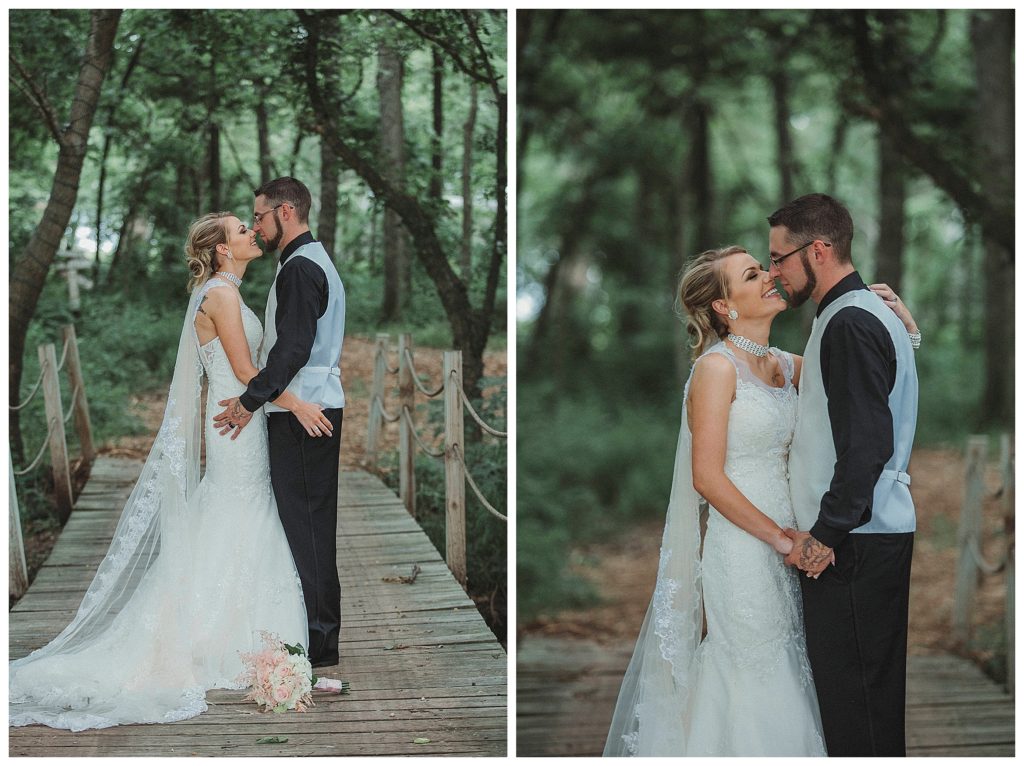bride and groom on bridge
