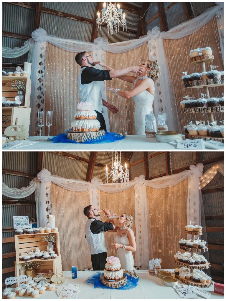 bride and groom feeding each other cake