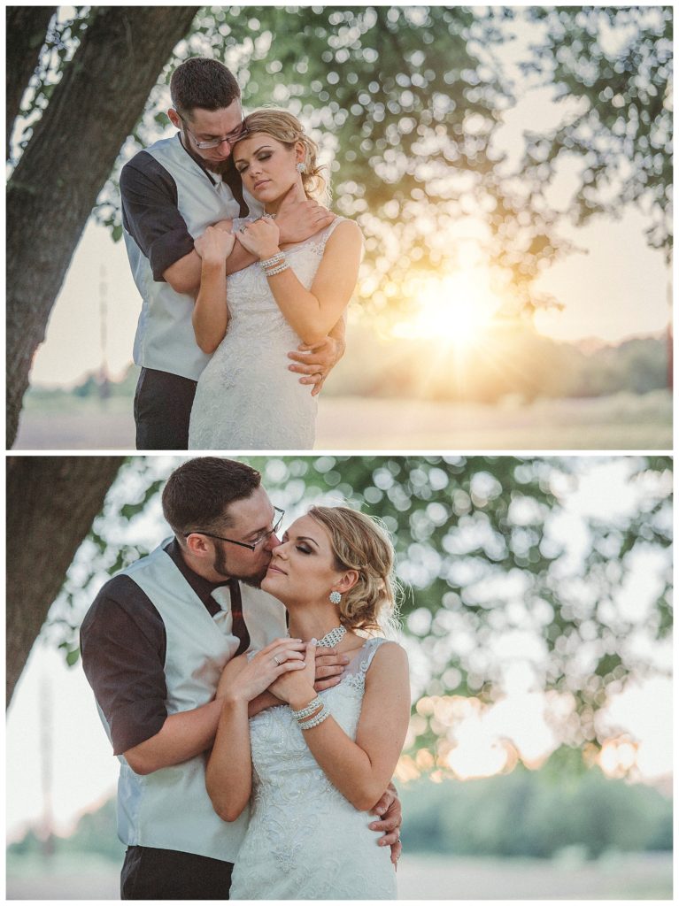 bride and groom at sunset