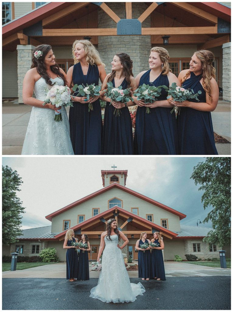 bride with her bridesmaids in front of church