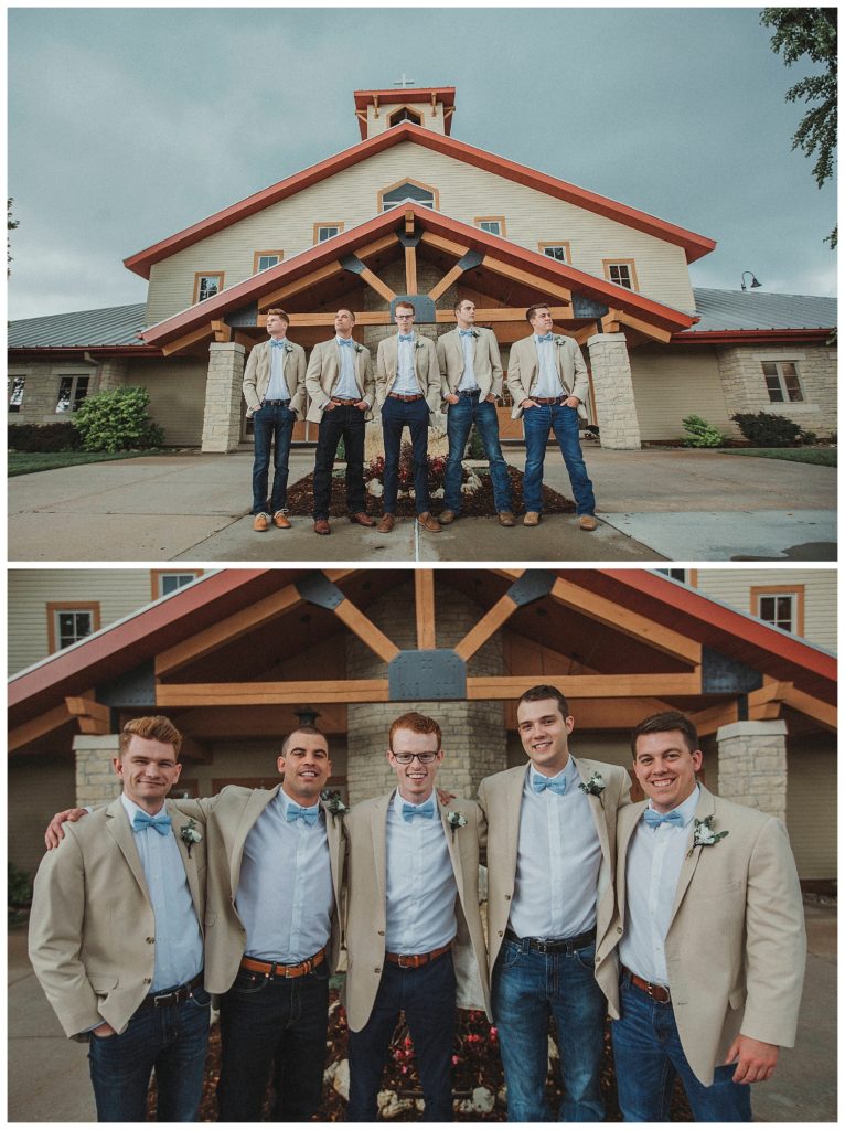 groom with his groomsmen in front of church