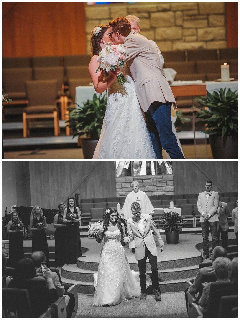 bride and groom kiss after ceremony