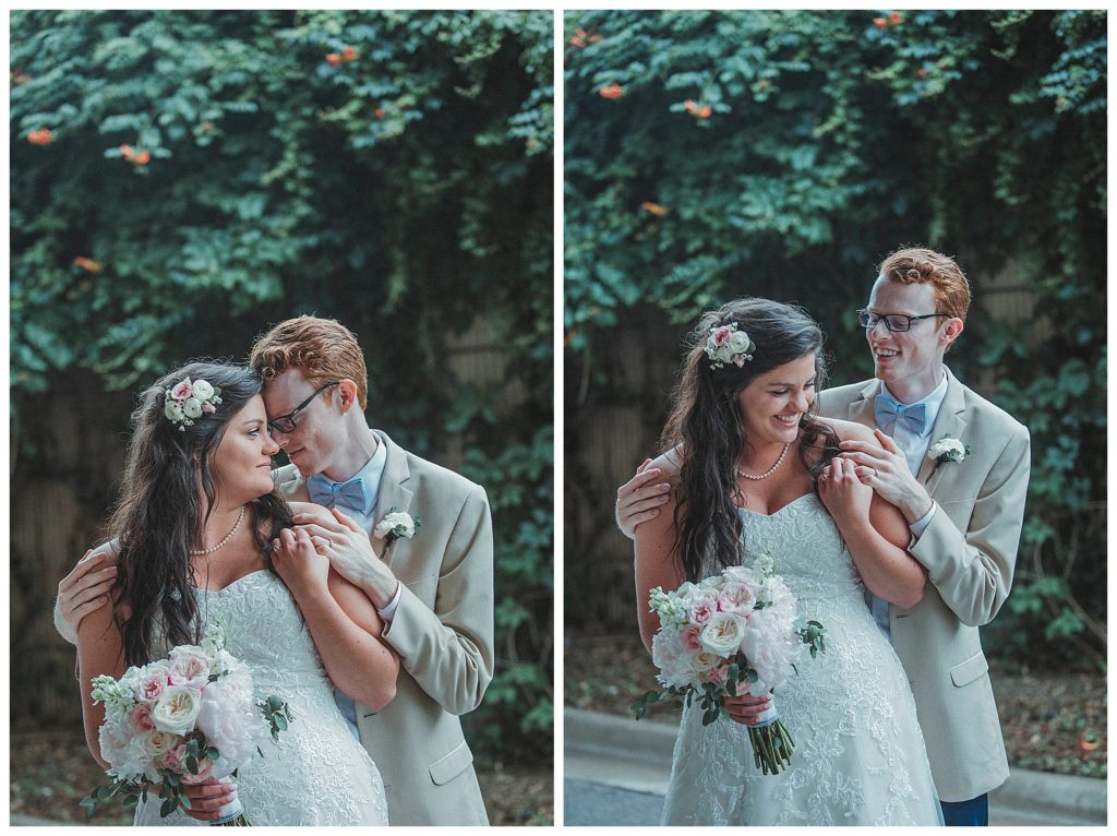 bride and groom laughing together