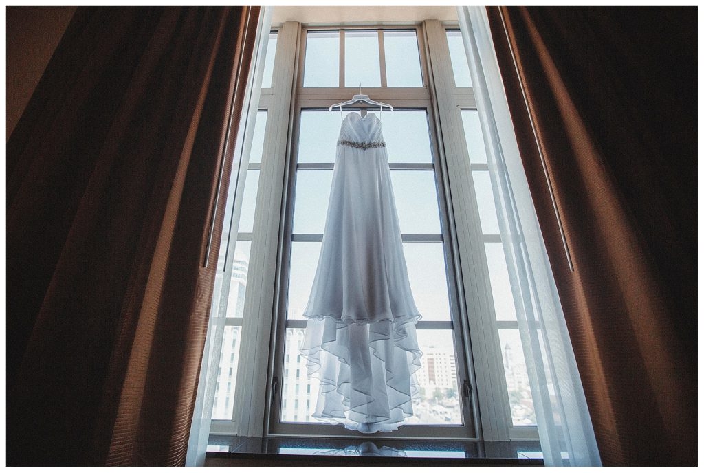 bridal dress in a window