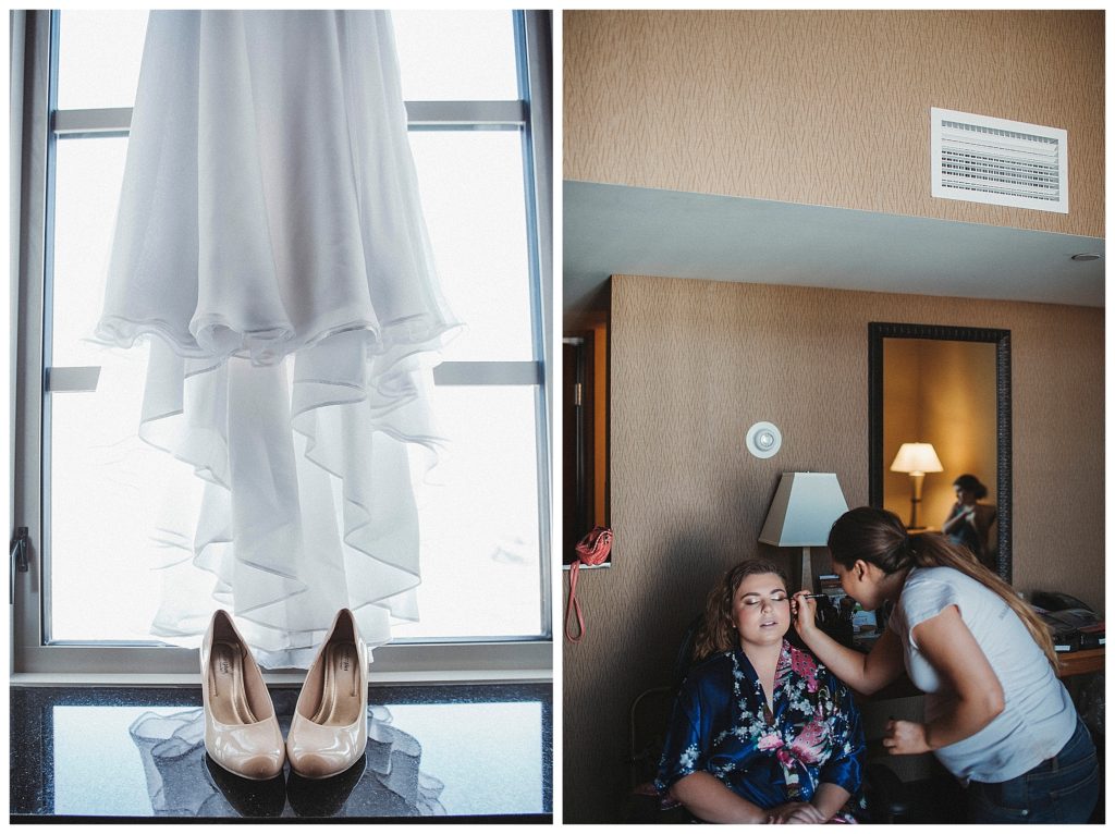 details of brides shoes and makeup application