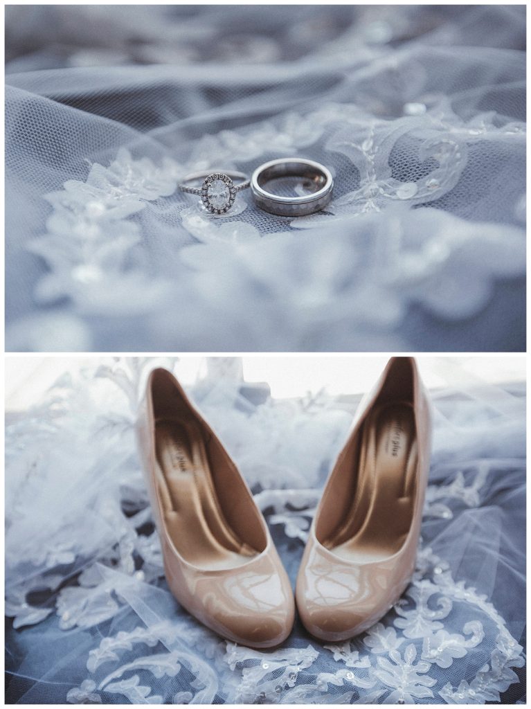 details for wedding rings and shoes on veil