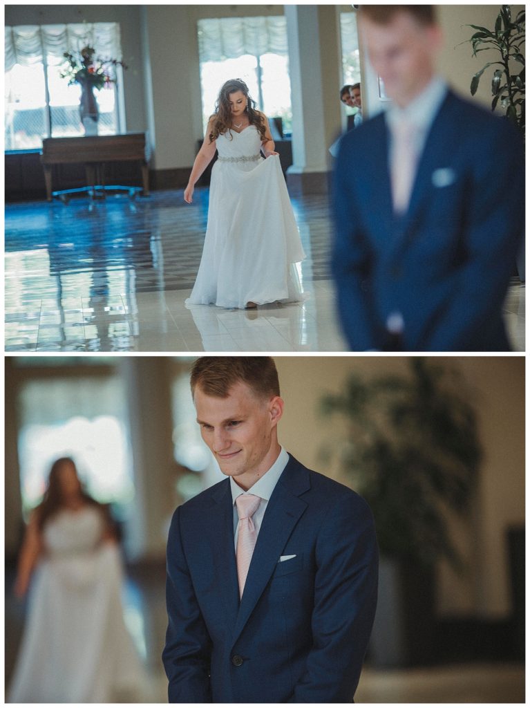 bride and grooms first look indoors