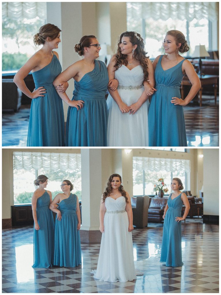 bride and her bridesmaids posing in hotel lobby