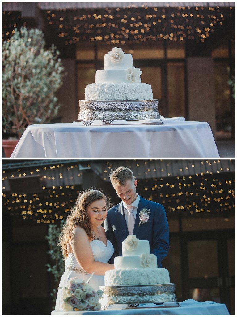 bride and groom cutting cake outdoors