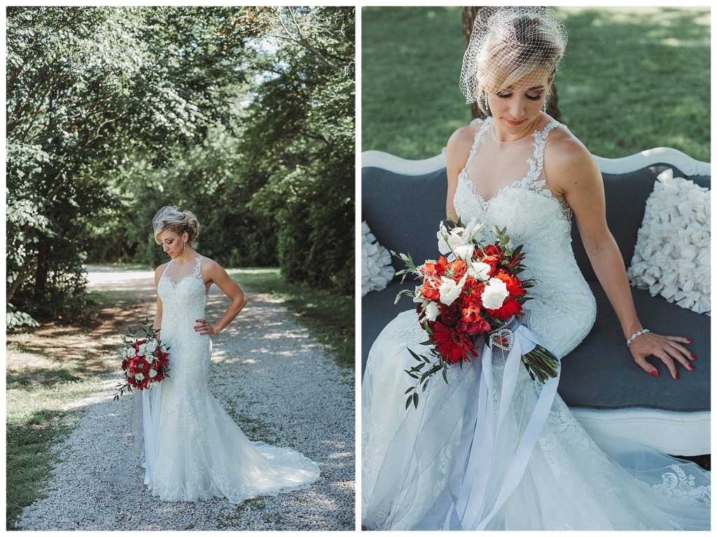 bride sitting on vintage sofa