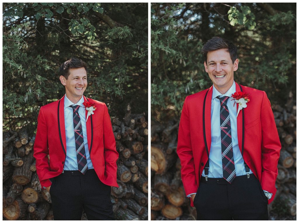 groom in red suit