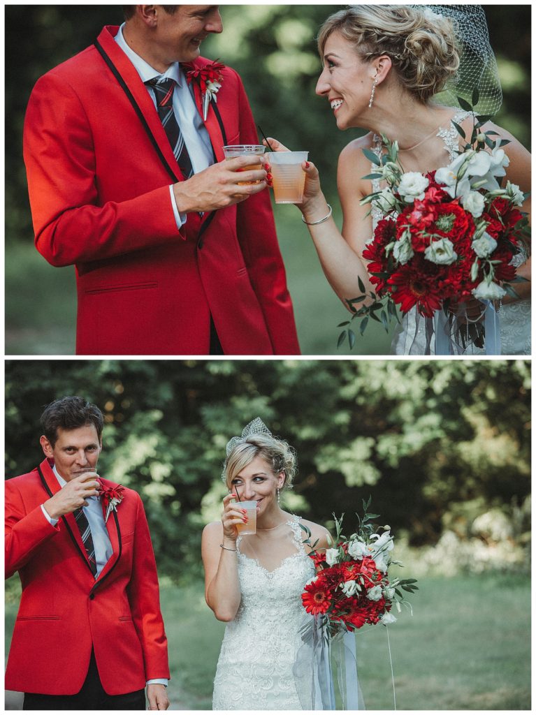 groom sipping drinks with his bride