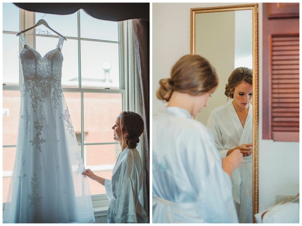 bride looking up at her dress
