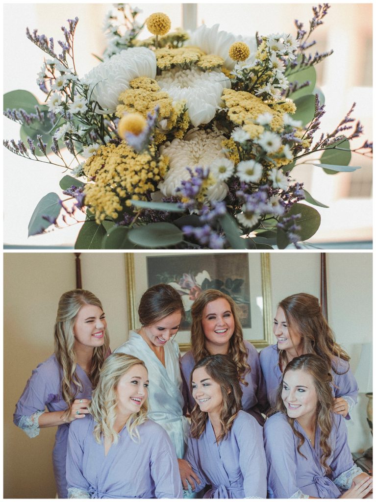 bridal flowers and bridesmaids laughing on bed