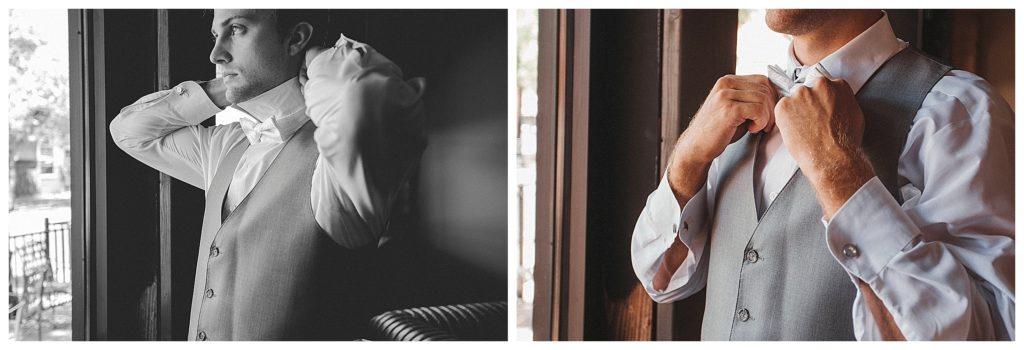 groom getting ready near window