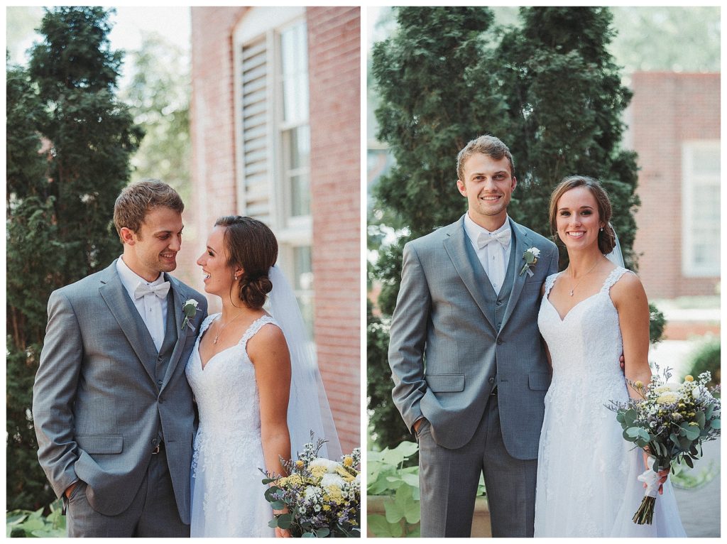 bride and groom in courtyard