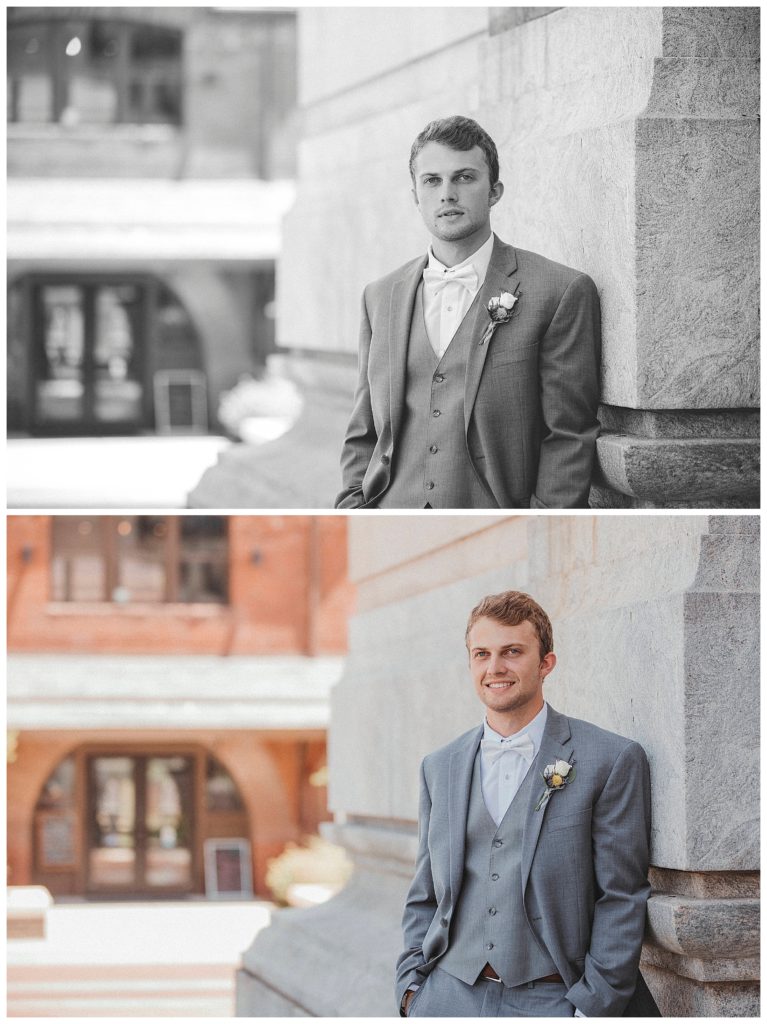 groom standing by building