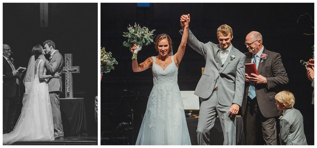 bride and groom celebrating after the kiss