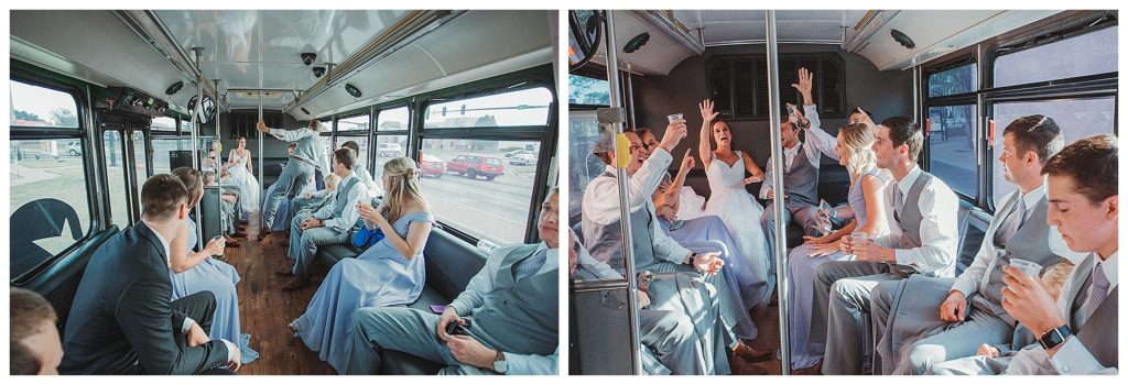bridal party on the party bus celebrating